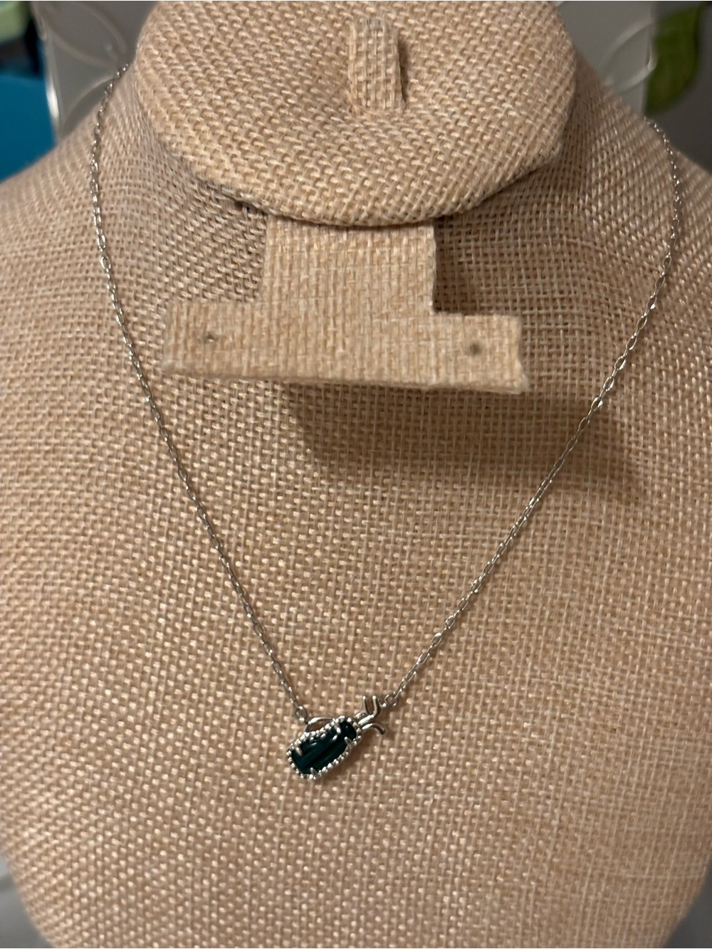 Kendra Scott Silver Necklace with Dark Green Teardrop Pendant